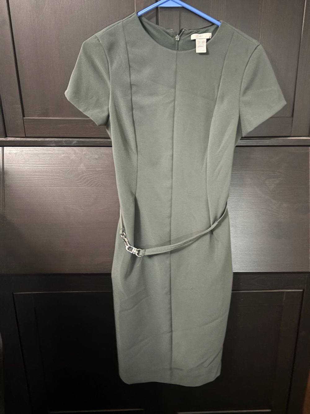 Classic Short-Sleeve Sheath Dress in Olive Green